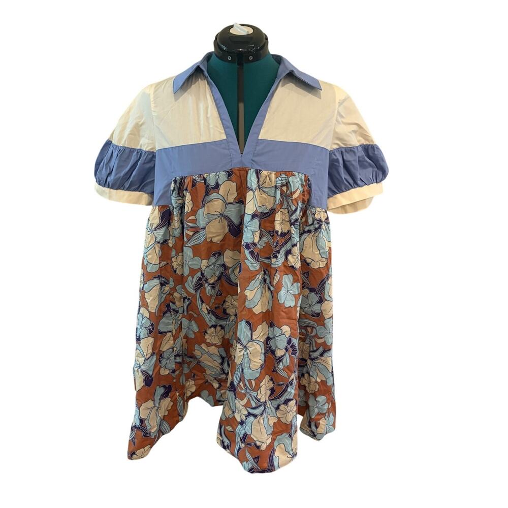 Entro Floral Babydoll Dress Blue Brown Puff Sleeve‎ Collared Cotton Womens M NEW